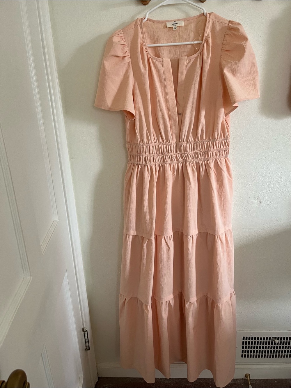 Smocked Waist Tiered Midi Dress in Soft Peach